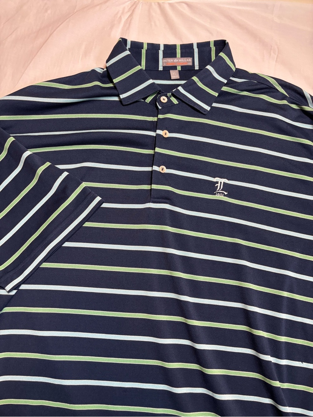Peter Millar Navy Polo with Light Blue and Lime Green Stripes
